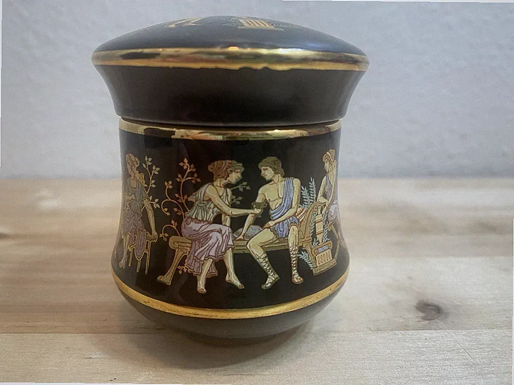 Black Vintage Greek solid perfume/lotion with lid Greek goddess Container
