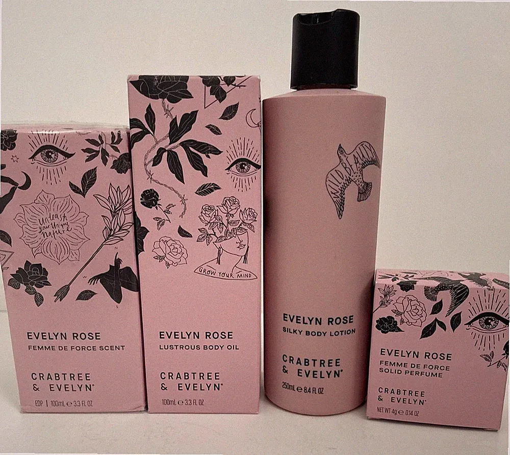 CRABTREE & EVELYN EVELYN ROSE SET 3.3 3.4 SPRAY PERFUME, OIL, LOTION, SOLID PERF